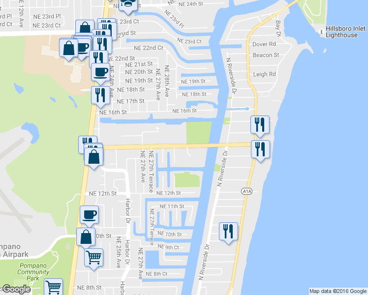 map of restaurants, bars, coffee shops, grocery stores, and more near 161 Northeast 14th Street in Pompano Beach