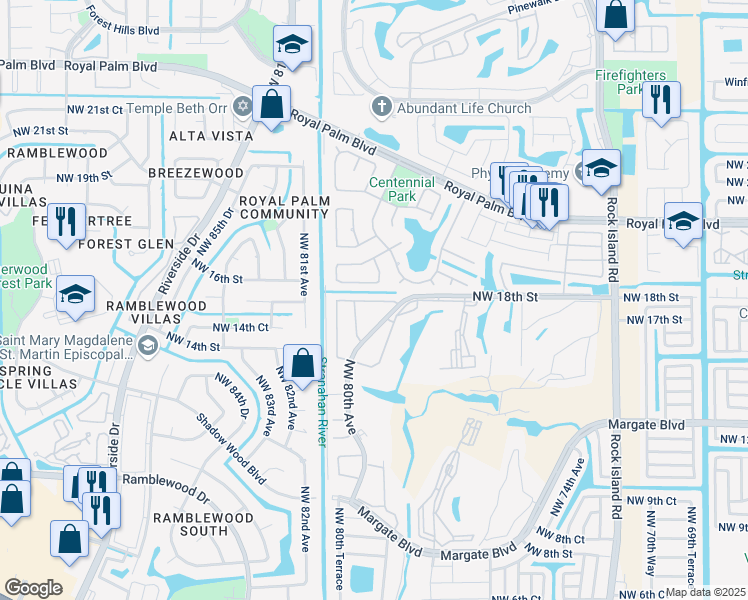 map of restaurants, bars, coffee shops, grocery stores, and more near 1635 Northwest 80th Avenue in Margate