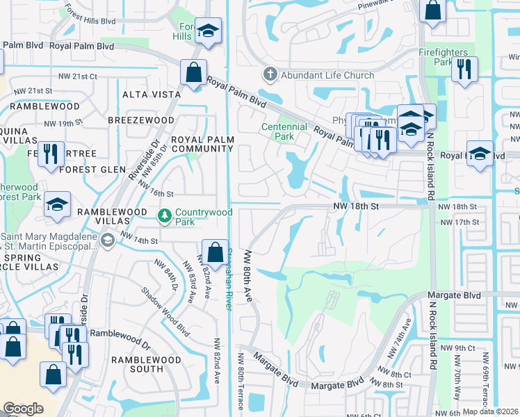 map of restaurants, bars, coffee shops, grocery stores, and more near 1635 Northwest 80th Avenue in Margate