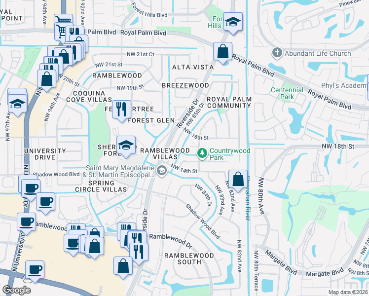 map of restaurants, bars, coffee shops, grocery stores, and more near 8492 Northwest 15th Court in Coral Springs