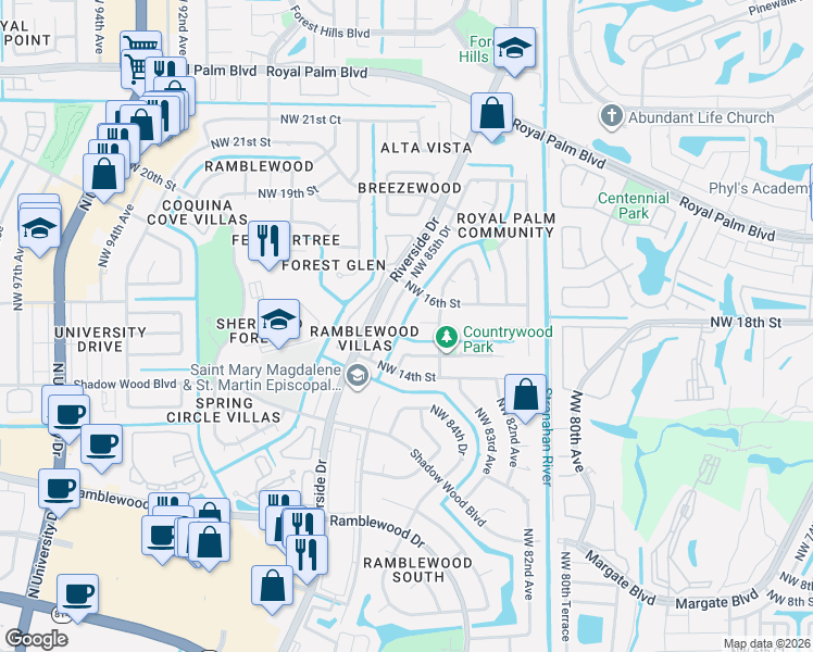 map of restaurants, bars, coffee shops, grocery stores, and more near 8492 Northwest 15th Court in Coral Springs