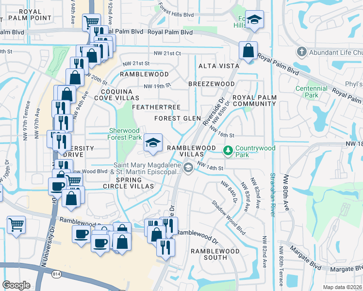 map of restaurants, bars, coffee shops, grocery stores, and more near 1540 Riverwood Lane in Coral Springs