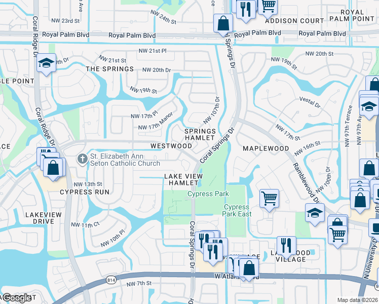map of restaurants, bars, coffee shops, grocery stores, and more near 10654 Northwest 16th Street in Coral Springs