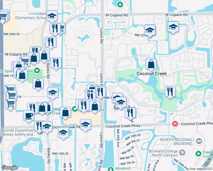 map of restaurants, bars, coffee shops, grocery stores, and more near 2502 Antigua Terrace in Coconut Creek