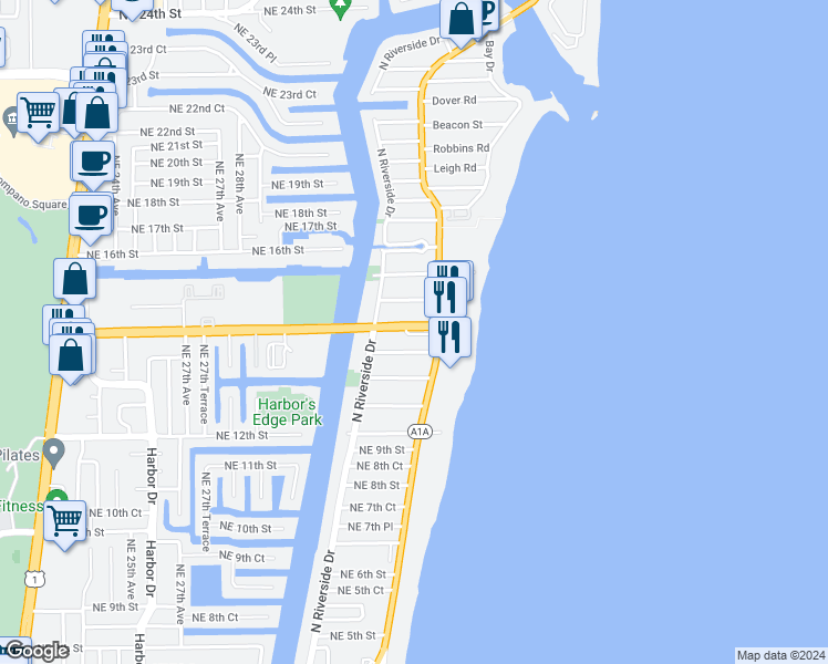 map of restaurants, bars, coffee shops, grocery stores, and more near 1359 North Ocean Boulevard in Pompano Beach