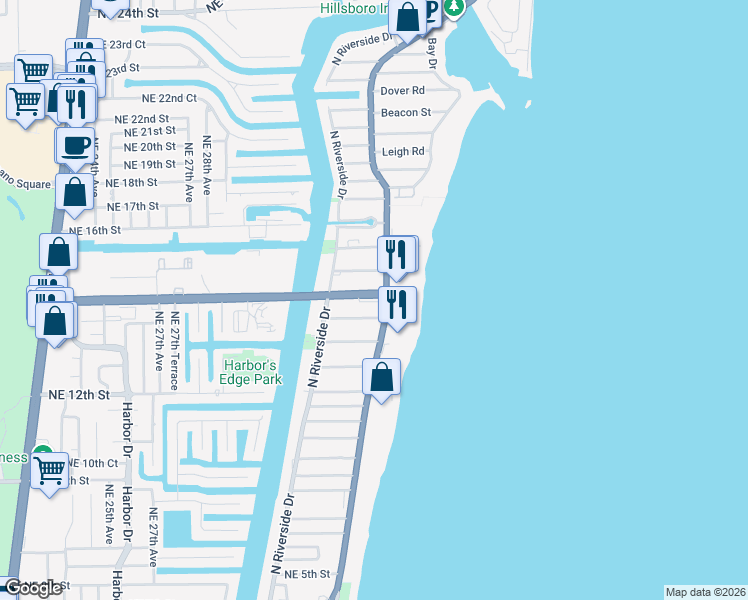 map of restaurants, bars, coffee shops, grocery stores, and more near 1375 North Ocean Boulevard in Pompano Beach