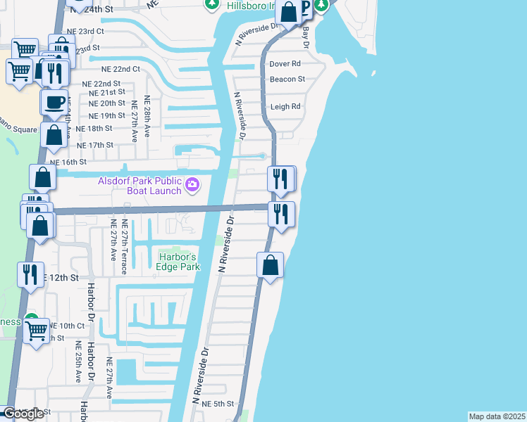 map of restaurants, bars, coffee shops, grocery stores, and more near 1313 North Ocean Boulevard in Pompano Beach