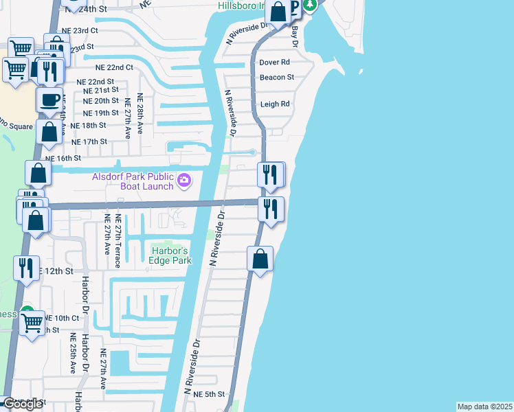 map of restaurants, bars, coffee shops, grocery stores, and more near 1313 North Ocean Boulevard in Pompano Beach