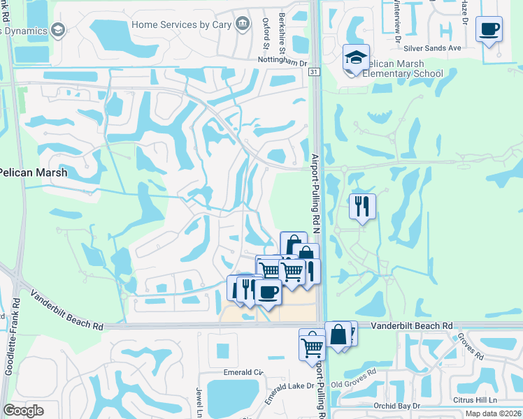 map of restaurants, bars, coffee shops, grocery stores, and more near 9226 Troon Lakes Drive in Naples