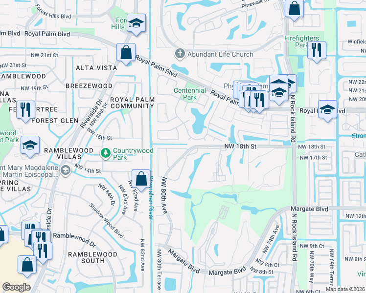 map of restaurants, bars, coffee shops, grocery stores, and more near 1759 Northwest 80th Avenue in Margate