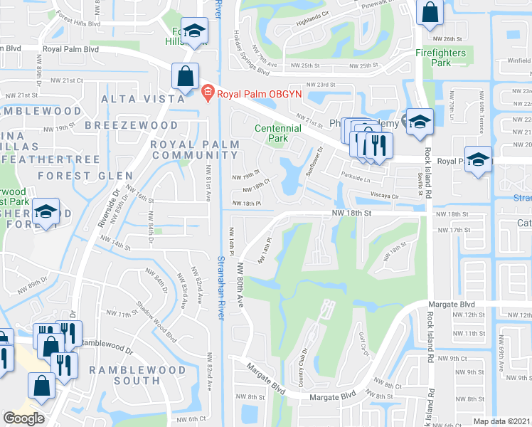 map of restaurants, bars, coffee shops, grocery stores, and more near 1635 Northwest 80th Avenue in Margate