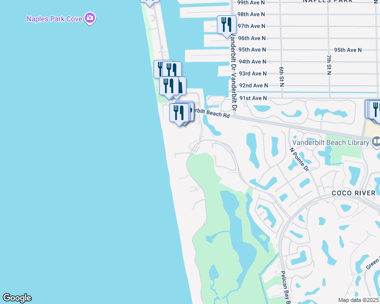map of restaurants, bars, coffee shops, grocery stores, and more near 8700 Bay Colony Drive in Naples