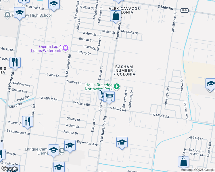 map of restaurants, bars, coffee shops, grocery stores, and more near 3403 North Inspiration Road in Mission