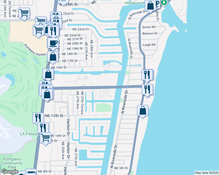 map of restaurants, bars, coffee shops, grocery stores, and more near 2900 Northeast 14th Street in Pompano Beach