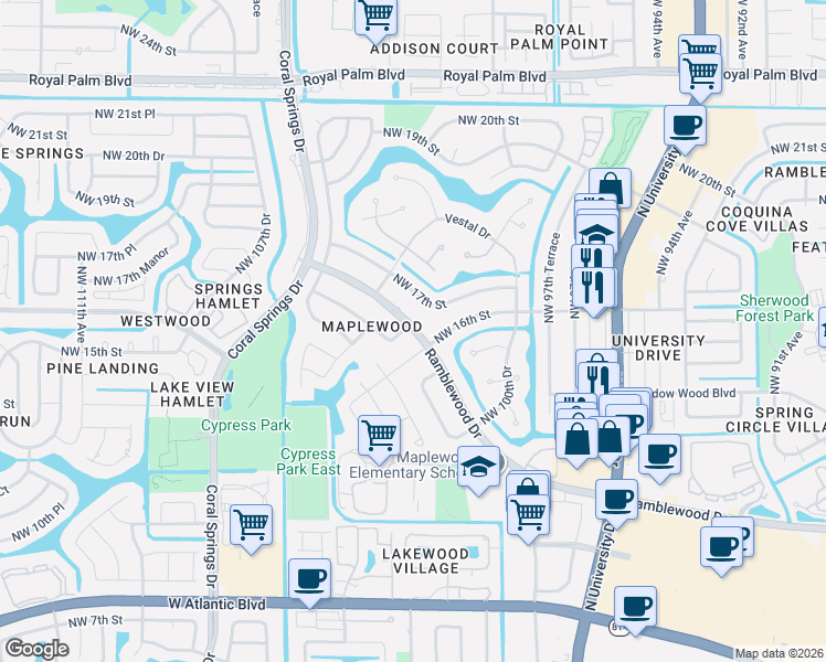 map of restaurants, bars, coffee shops, grocery stores, and more near 10117 Ramblewood Drive in Coral Springs