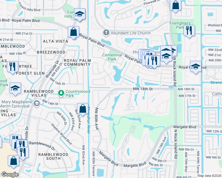 map of restaurants, bars, coffee shops, grocery stores, and more near 1759 Northwest 80th Avenue in Margate