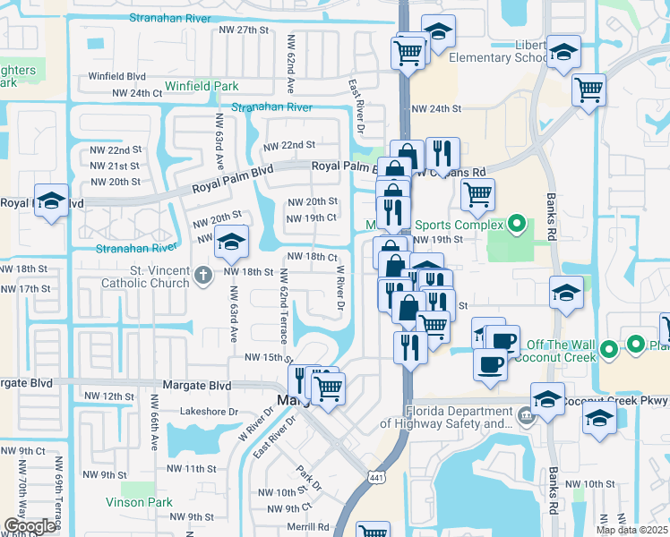 map of restaurants, bars, coffee shops, grocery stores, and more near 6101 Northwest 18th Street in Margate