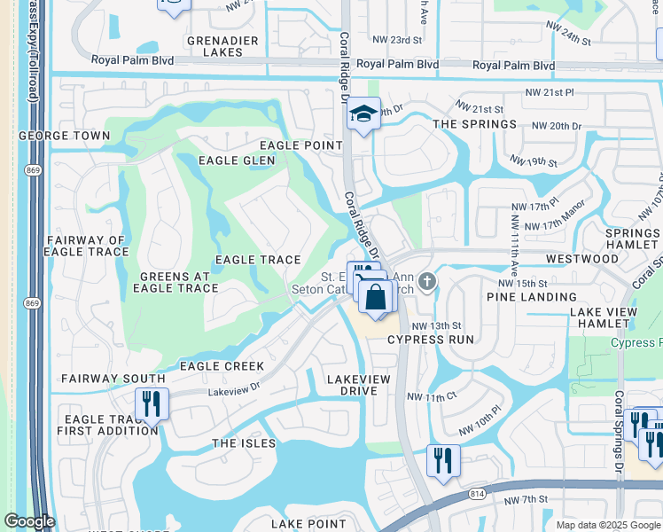 map of restaurants, bars, coffee shops, grocery stores, and more near 11811 Highland Place in Coral Springs
