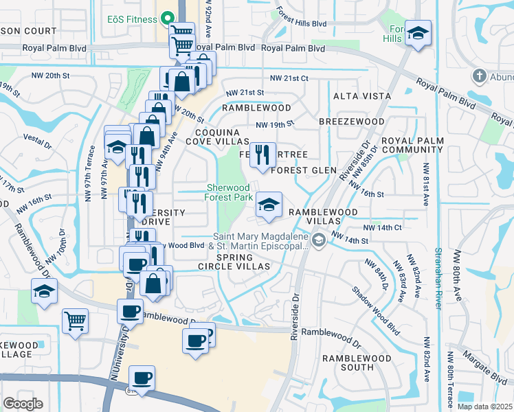 map of restaurants, bars, coffee shops, grocery stores, and more near 1599 Northwest 91st Avenue in Coral Springs
