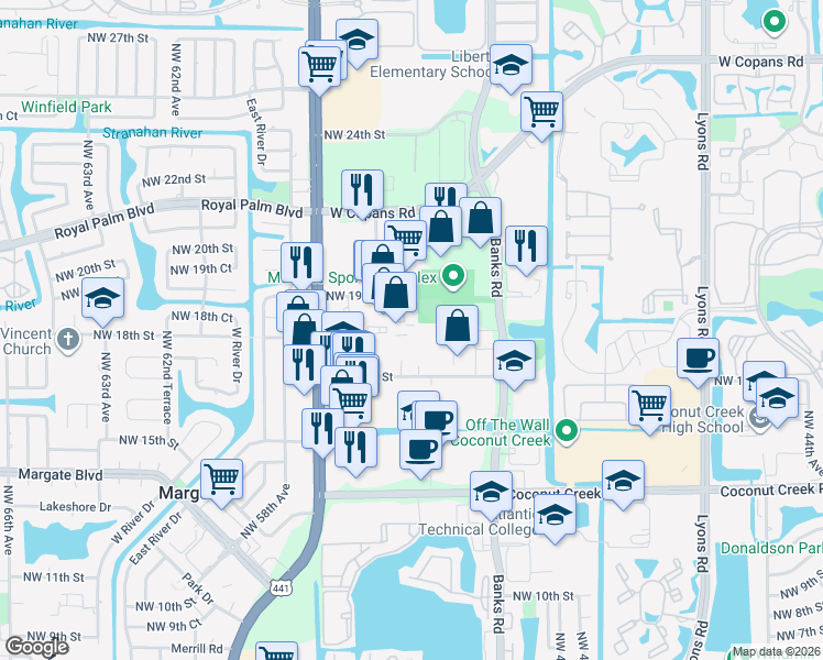 map of restaurants, bars, coffee shops, grocery stores, and more near 1791 Mears Parkway in Margate
