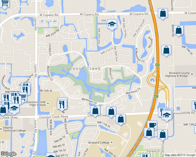map of restaurants, bars, coffee shops, grocery stores, and more near 3302 Aruba Way in Coconut Creek
