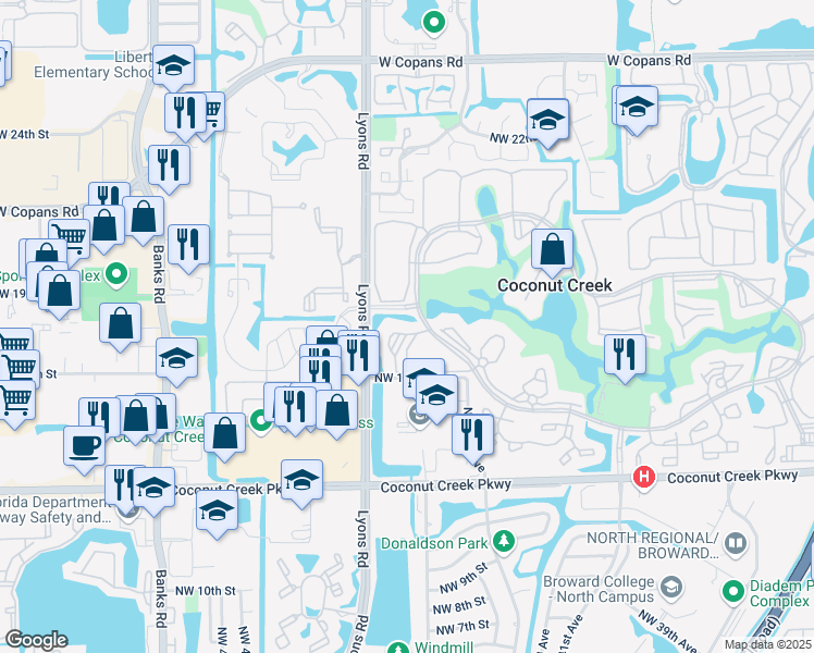 map of restaurants, bars, coffee shops, grocery stores, and more near 2502 Antigua Terrace in Coconut Creek