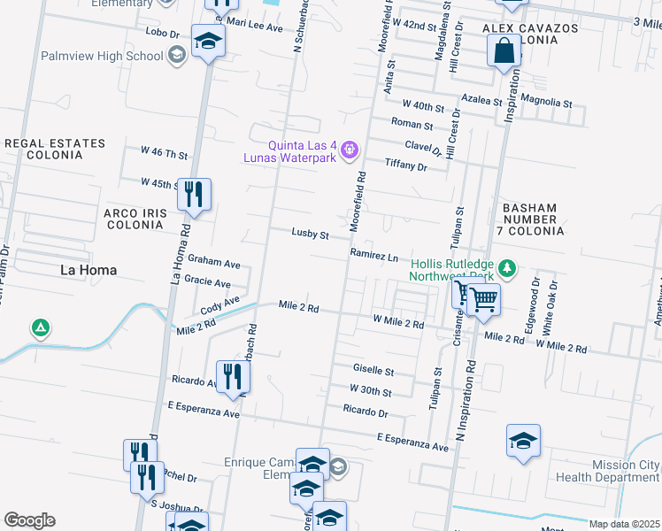 map of restaurants, bars, coffee shops, grocery stores, and more near 2209 Pola Street in Palmview