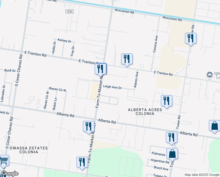 map of restaurants, bars, coffee shops, grocery stores, and more near 5410 Leigh Ann Drive in Edinburg