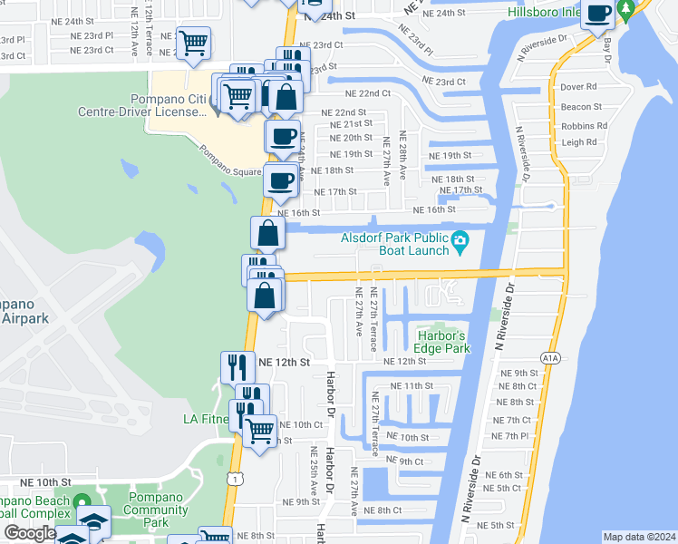 map of restaurants, bars, coffee shops, grocery stores, and more near 2600 Northeast 14th Street in Pompano Beach