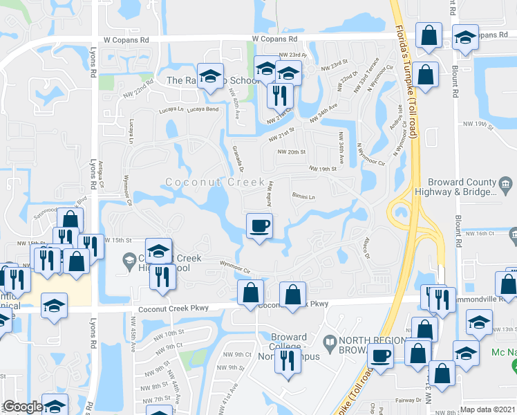 map of restaurants, bars, coffee shops, grocery stores, and more near 3302 Aruba Way in Coconut Creek