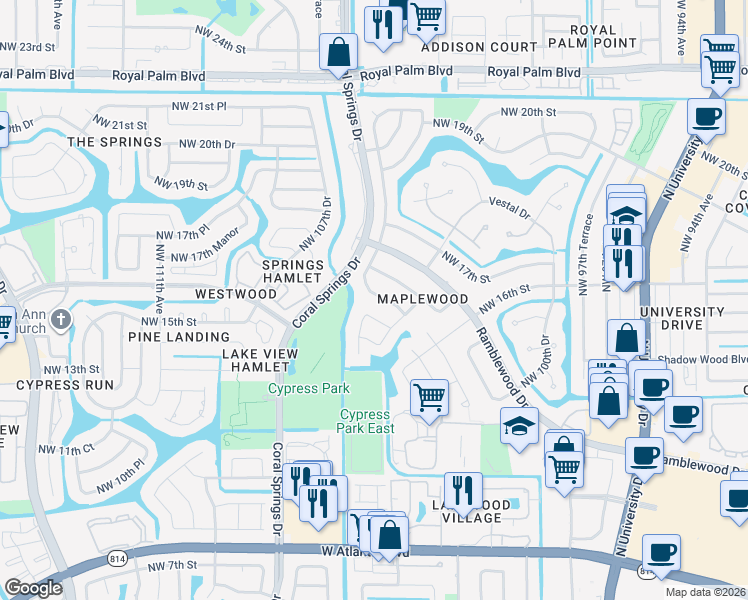 map of restaurants, bars, coffee shops, grocery stores, and more near 10379 Northwest 14th Place in Coral Springs