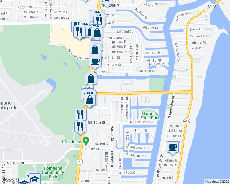 map of restaurants, bars, coffee shops, grocery stores, and more near 2600 Northeast 14th Street in Pompano Beach