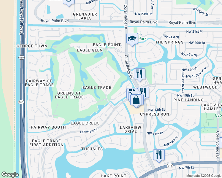 map of restaurants, bars, coffee shops, grocery stores, and more near 1745 Eagle Trace Boulevard in Coral Springs