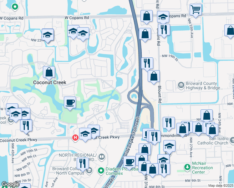 map of restaurants, bars, coffee shops, grocery stores, and more near 4301 Martinique Circle in Coconut Creek