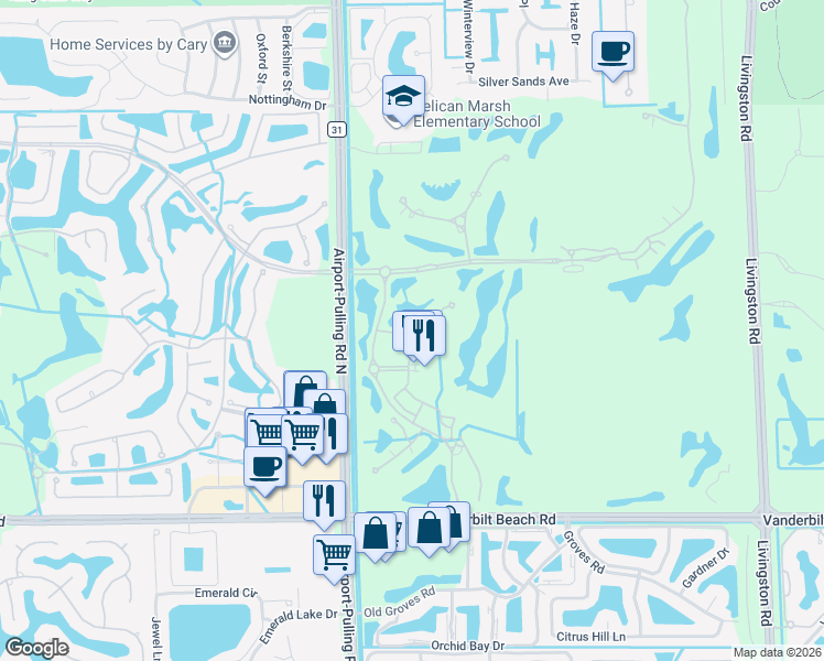 map of restaurants, bars, coffee shops, grocery stores, and more near 2600 Tiburon Drive in Naples