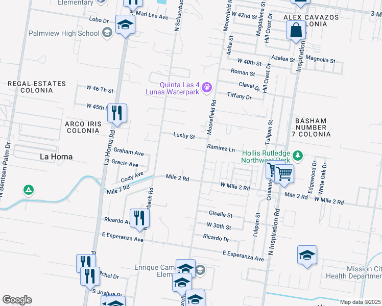map of restaurants, bars, coffee shops, grocery stores, and more near 2209 Pola Street in Palmview