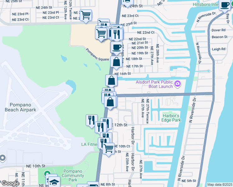 map of restaurants, bars, coffee shops, grocery stores, and more near 1440 North Federal Highway in Pompano Beach