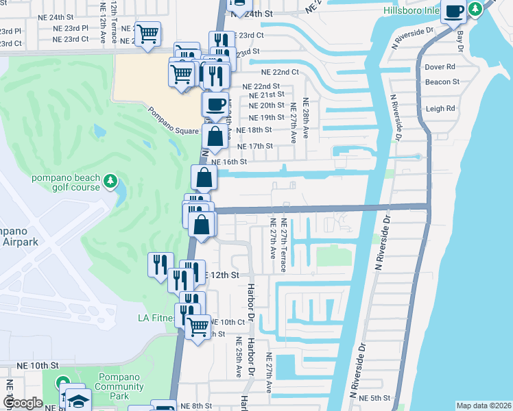 map of restaurants, bars, coffee shops, grocery stores, and more near 2600 Northeast 14th Street in Pompano Beach