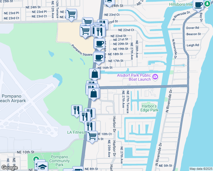 map of restaurants, bars, coffee shops, grocery stores, and more near 61 Northeast 25th Avenue in Pompano Beach