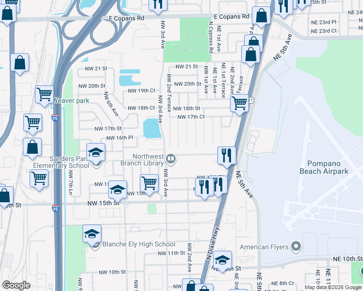 map of restaurants, bars, coffee shops, grocery stores, and more near 203 Northwest 16th Street in Pompano Beach