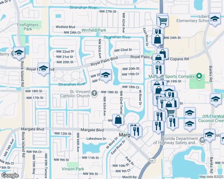 map of restaurants, bars, coffee shops, grocery stores, and more near 6230 Northwest 18th Street in Margate