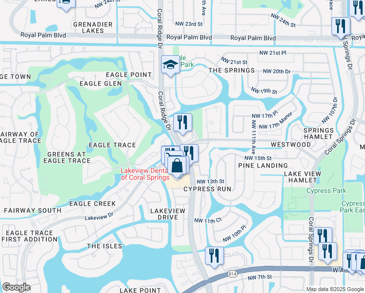 map of restaurants, bars, coffee shops, grocery stores, and more near 1440 Coral Ridge Drive in Coral Springs