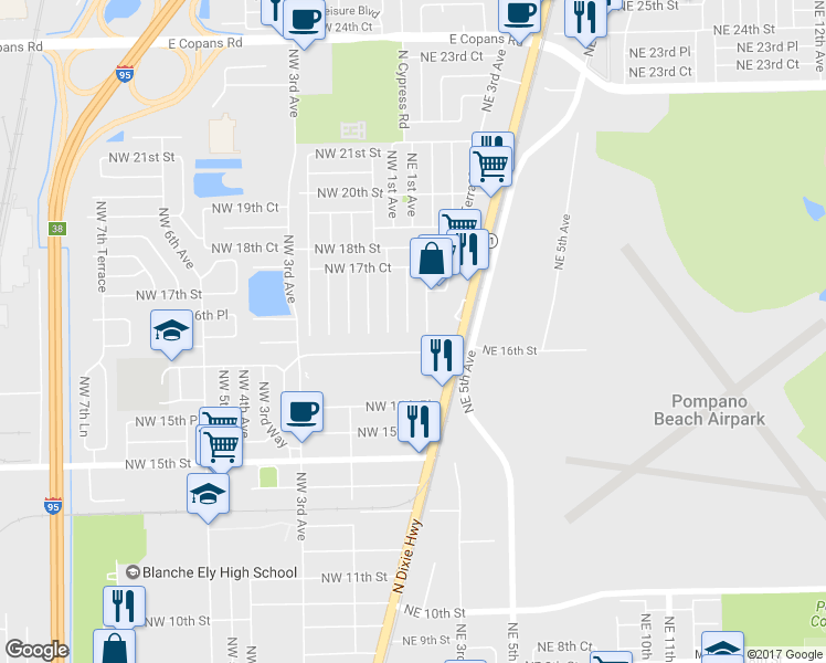 map of restaurants, bars, coffee shops, grocery stores, and more near 127 Northwest 16th Street in Pompano Beach