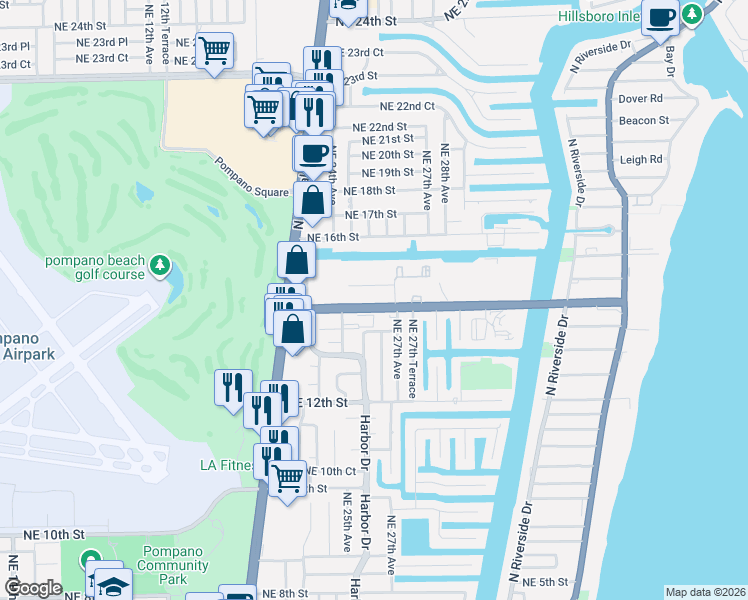 map of restaurants, bars, coffee shops, grocery stores, and more near 2600 Northeast 14th Street in Pompano Beach