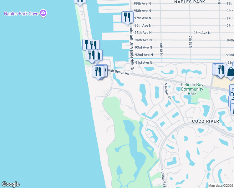 map of restaurants, bars, coffee shops, grocery stores, and more near 8720 Bay Colony Drive in Naples