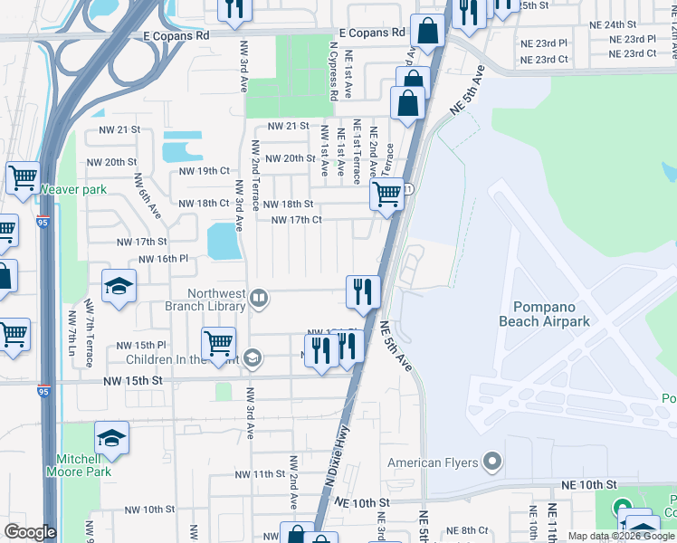 map of restaurants, bars, coffee shops, grocery stores, and more near 1610 North Cypress Road in Pompano Beach