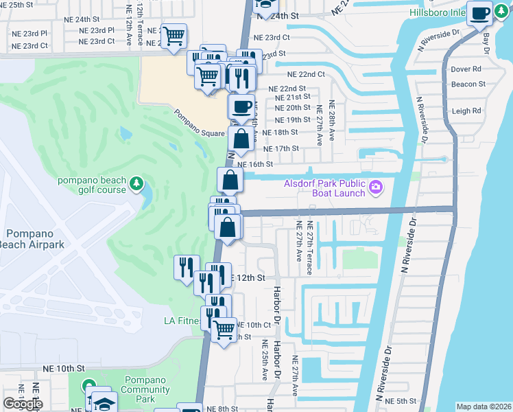 map of restaurants, bars, coffee shops, grocery stores, and more near 61 Northeast 25th Avenue in Pompano Beach