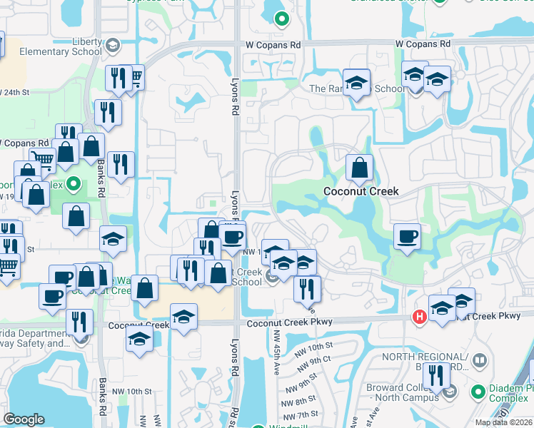 map of restaurants, bars, coffee shops, grocery stores, and more near 2504 Antigua Terrace in Coconut Creek