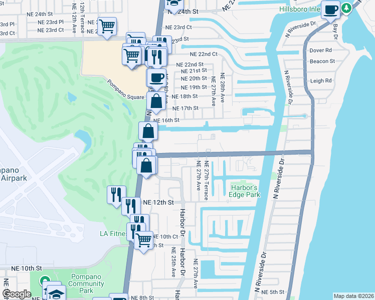 map of restaurants, bars, coffee shops, grocery stores, and more near 2600 Northeast 14th Street in Pompano Beach