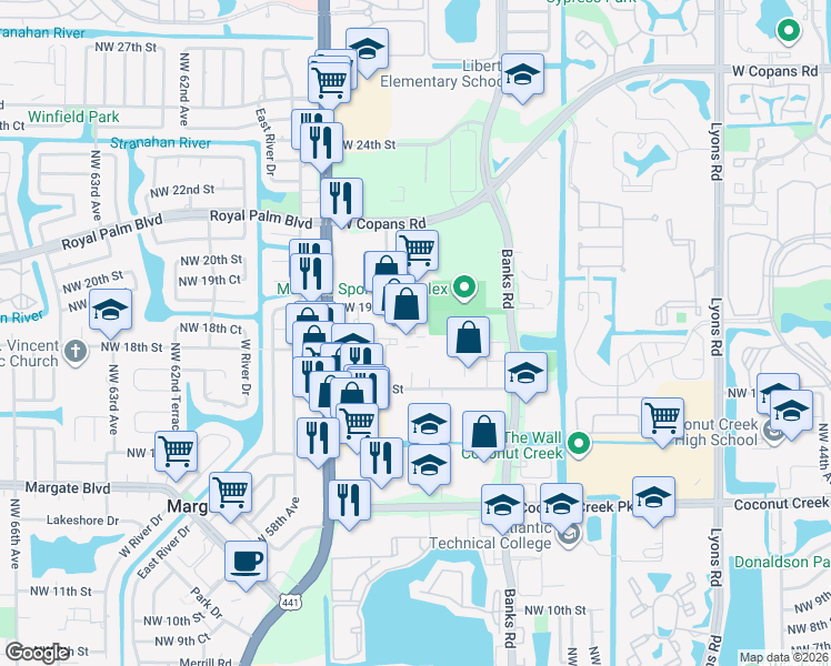 map of restaurants, bars, coffee shops, grocery stores, and more near 1791 Mears Parkway in Margate